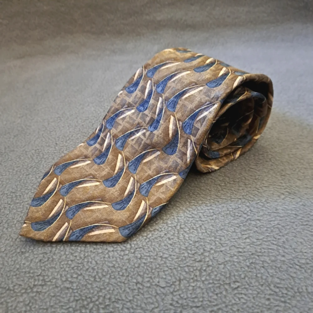 Oscar De La Renta Silk necktie‎ iridescent geometric pattern men's tan navy EUC